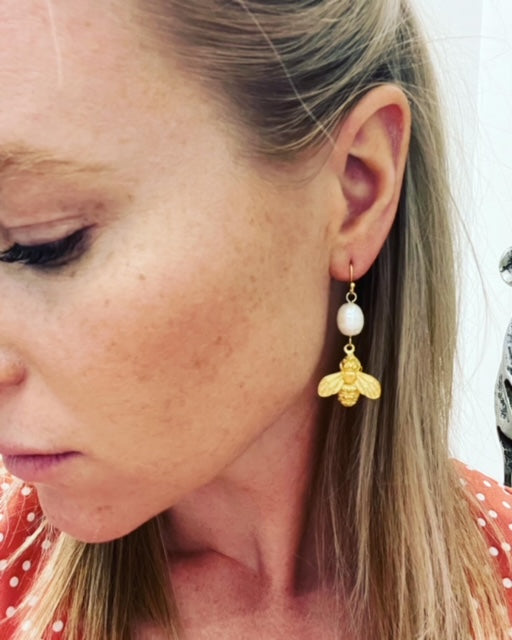 Susan Shaw Bee + Pearl Dangle Earrings