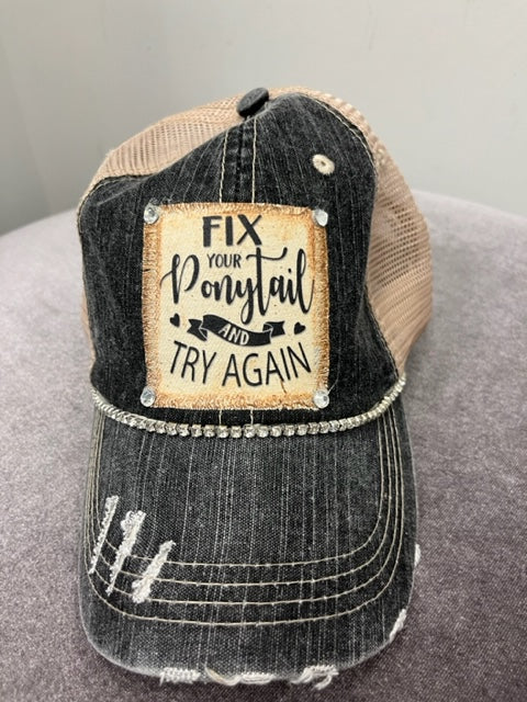 Jana's Bling Trucker Hat - "Fix your ponytail and try again"